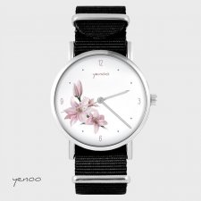 Zegarek - Różowa lilia - czarny, nylonowy