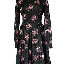 (Autentyczny vintage) Czarna sukienka fioletowe bukiety kwiaty
