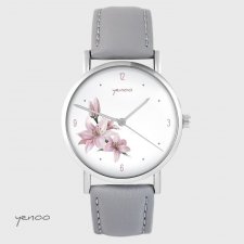 Zegarek yenoo - Różowa lilia - szary, skórzany