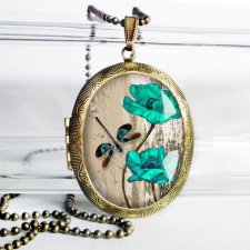 kwiaty i ważka -Piękny naszyjnik medalion duży sekretnik otwierany unikatowy