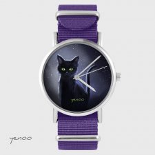 Zegarek - Czarny kot, noc - fioletowy, nylonowy