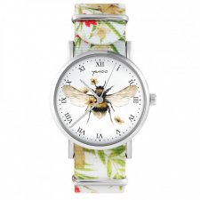 Zegarek - Bee natural - kwiaty, nylonowy, biały