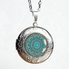 turkusowa mandala :: sekretnik medalion otwierany z grafiką za szkłem