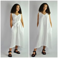 Sukienka lniana z paskiem i kieszeniami biała - Nr.88