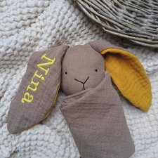 króliczek muślin double gauze, szmatka przytulanka dla noworodka, personalizowane zabawki, prezent z imieniem dla dziecka