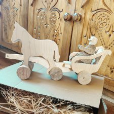 Drewniana ruchoma zabawka - konie i furman