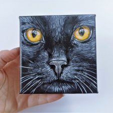 Czarny Kot - mini obraz ręcznie malowany, kwadrat, akryl