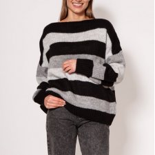 Oversize'owy sweter w paski - SWE299 czarny/szary/jasny szary MKM