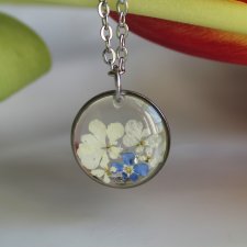 Srebrna zawieszka srebrny wisiorek naszyjnik suszone kwiaty żywica naturalna biżuteria niezapominajki z niezapominajkami
