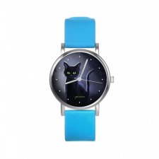 Zegarek mały - Czarny kot, noc - silikonowy, niebieski