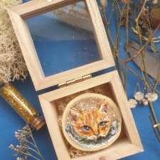 Obraz/magnes ręcznie malowany kotek + drewniane pudełko