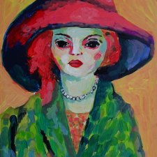 obraz do salonu kolorowy kobieta w kapeluszu