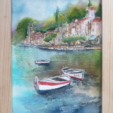 Obraz akwarelowy ręcznie malowany pejzaż łódki+rama