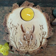 Świecznik drewniany, świecznik z plastra drewna "Sowa", pirografia