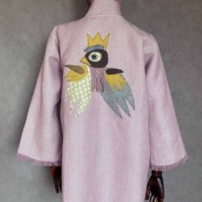 Kimono 100% len jodełka różowo biała ptak