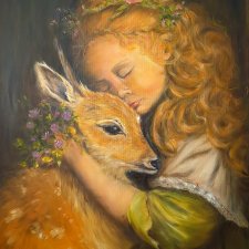 Obraz olejny ręcznie malowany 60x80cm "Sarenka i dziewczyna"