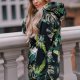 czarna bluza kangurka w kwiaty i liście z dużym kapturem i golfem s - xl