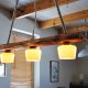 Duża lampa sufitowa ze starej drewnianej belki, wisząca lampa z brązowymi kloszami z lat 60 tych,
