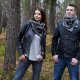 Szal komin ze skórą - unisex, czarna jodełka połysk