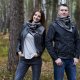 Szal komin ze skórą - unisex, czarna jodełka połysk