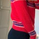 Vintage Czerwony Kardigan Sweter 100% Wełna Woolmark Uroczy Norweskie wzory