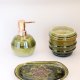 Zestaw ceramicznych akcesoriów łazienkowych – dozownik, kubek i mydelniczka, ręcznie robione, zielono-miedziana glazura