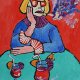 obraz do salonu olejny portret babcia z drinkiem