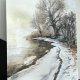 Stare drzewo nad rzeką zimą original akwareli A4