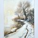 Stare drzewo nad rzeką zimą original akwareli A4
