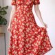 Satynowa czerwona sukienka maxi w kwiatki lato wiosna hiszpanka