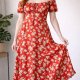 Satynowa czerwona sukienka maxi w kwiatki lato wiosna hiszpanka