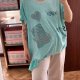Miętowy T-shirt boho siateczka nadruk asymetryczny dół błyszczące detale 8XL / 56 / 28