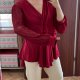 Bordowa kopertowa bluzka Allegra K z koronkowymi rękawami 4XL / EU 56–58