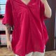 Fuksjowa bawelniana koszula Avenue Plus Size krótki rękaw oversize plisy 8XL / 56 / 28
