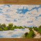NASTROJOWY PEJZAŻ MALOWANY NA PŁÓTNIE - "TANIEC CHMUR" 30x40cm