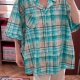 Liz & Me – Turkusowa koszula w kratę z kwiatami 5X (plus size) 9XL / 58 / 30
