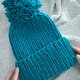 Turkusowa CZAPKA z pomponem - handmade na drutach