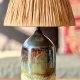 Ceramiczna fakturalna lampa z abażurem z rafii, zieleń, srebro i pumeks, handmade