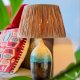 Ceramiczna duża lampa z abażurem z rafii, zieleń, brąz i beż handmade