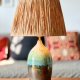 Ceramiczna duża lampa z abażurem z rafii, zieleń, brąz i beż handmade