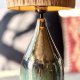 Ceramiczna duża lampa z abażurem z rafii, zieleń, brąz i beż handmade
