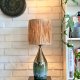 Ceramiczna duża lampa z abażurem z rafii, zieleń, brąz i beż handmade