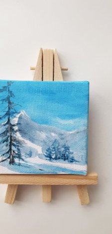 Mini obraz ręcznie malowany góry zima+ sztaluga