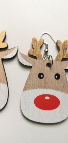Kolczyki reniferki, drewniane, na święta
