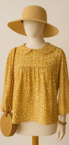 Bluzka vintage żółta w kwiaty z kołnierzykiem retro romantyczna Floral Cottage