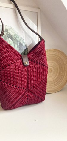 Bordowa torebka handmade na ramię – duża torba ze sznurka, styl boho