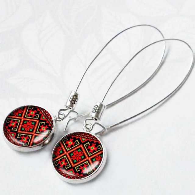 FOLKOWE  CZERWONE kolczyki z grafiką za szkłem