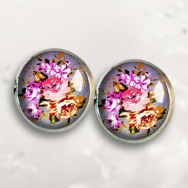 SŁODKIE RÓŻE kolczyki z kwiatami szaro różowe romantyczne wkrętki