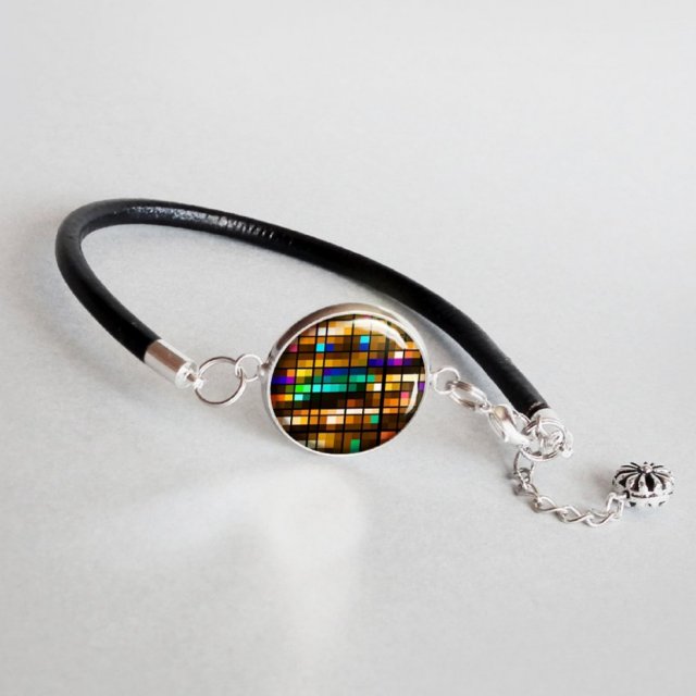 MOZAIKA BRĄZOWA bransoleta z grafiką rzemień skórzany i grafika za szkłem