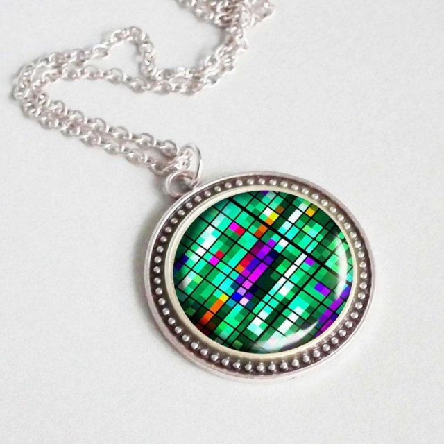 MOZAIKA ZIELONA Oryginalny naszyjnik stylowy antyczny medalion z grafiką w szkle